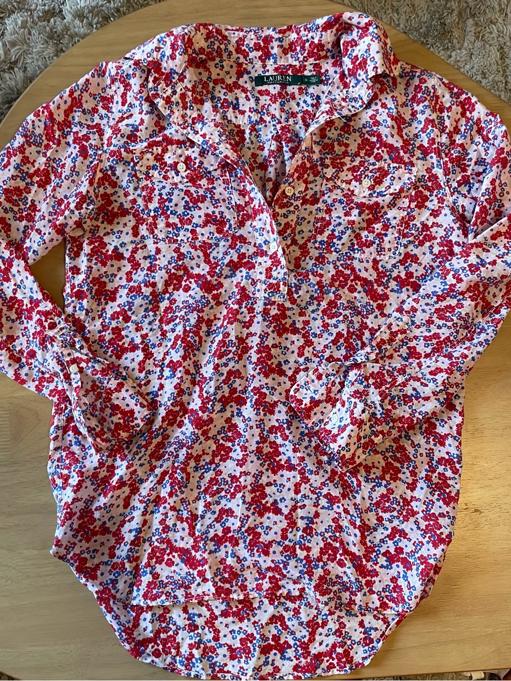 Lauren Ralph Lauren White Button-Front Blouse with Red & Blue Floral Print